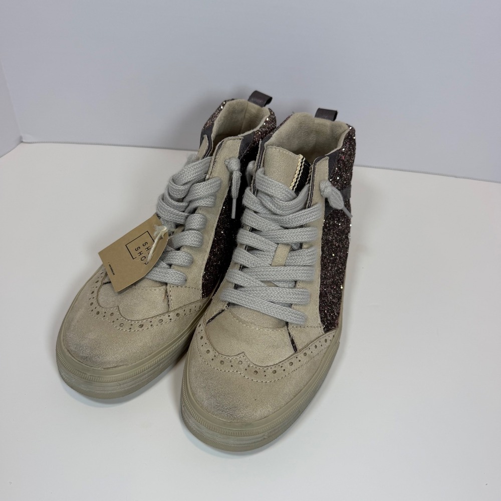 Shu Shop Riley Pewter Glitter Distressed High Top Sneakers Star Detail Size 9